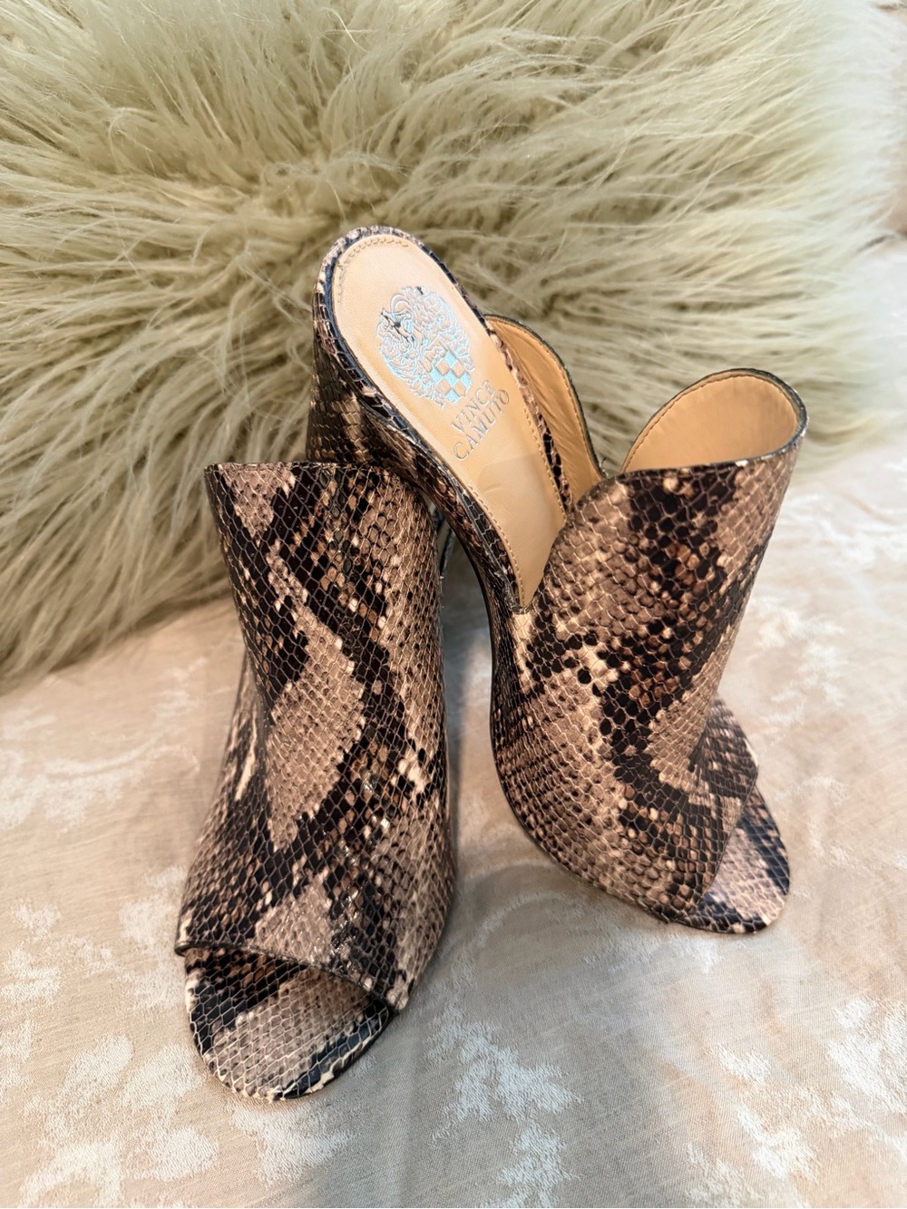 Vince Camuto Snake-Print Peep-Toe Mules, Black/Cream, Size 9M